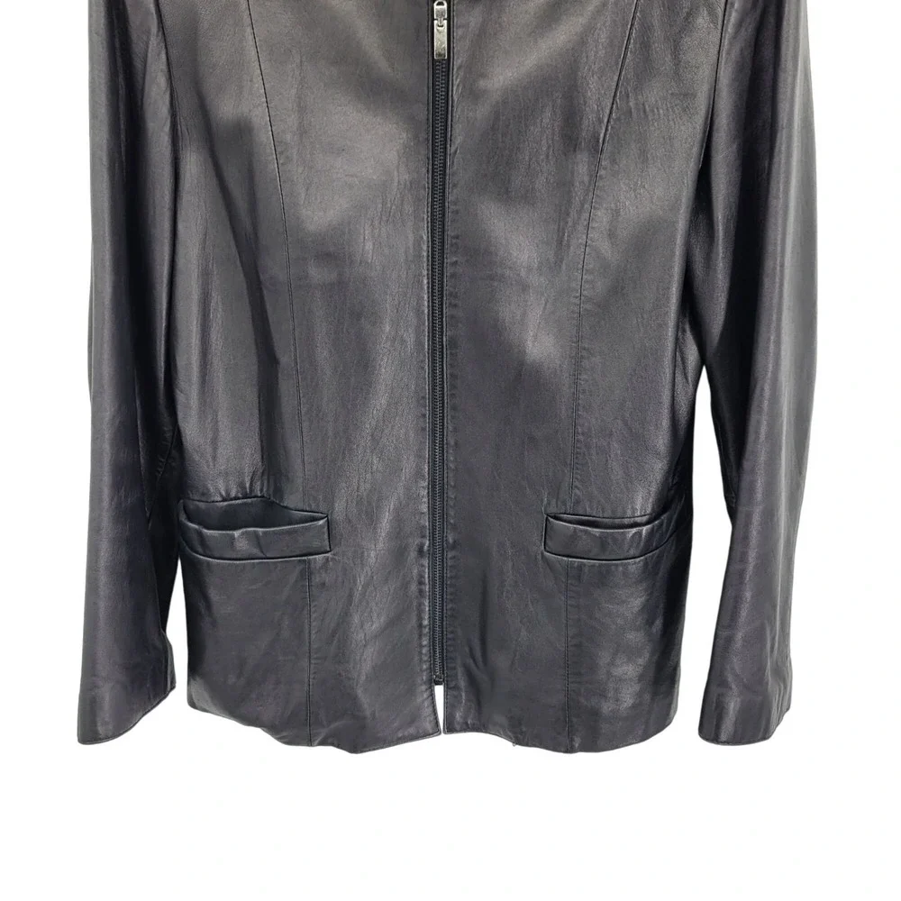 Vtg 90s Jones New York Buttery Leather Moto Blazer Jacket Coat L Black Zip Up‎